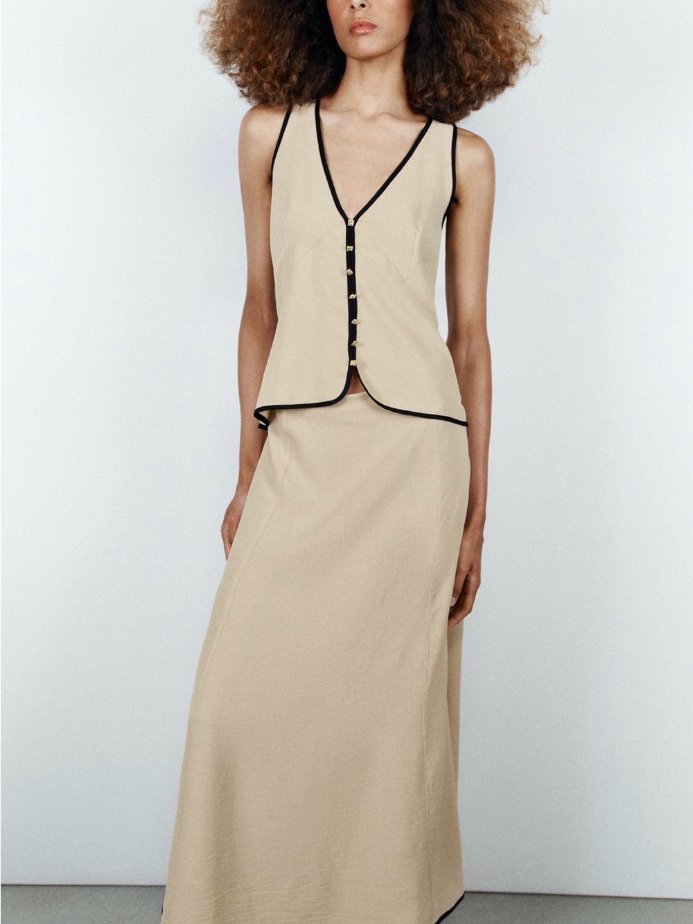 Zara Beige V-Neck Maxi Skirt with Black Trim